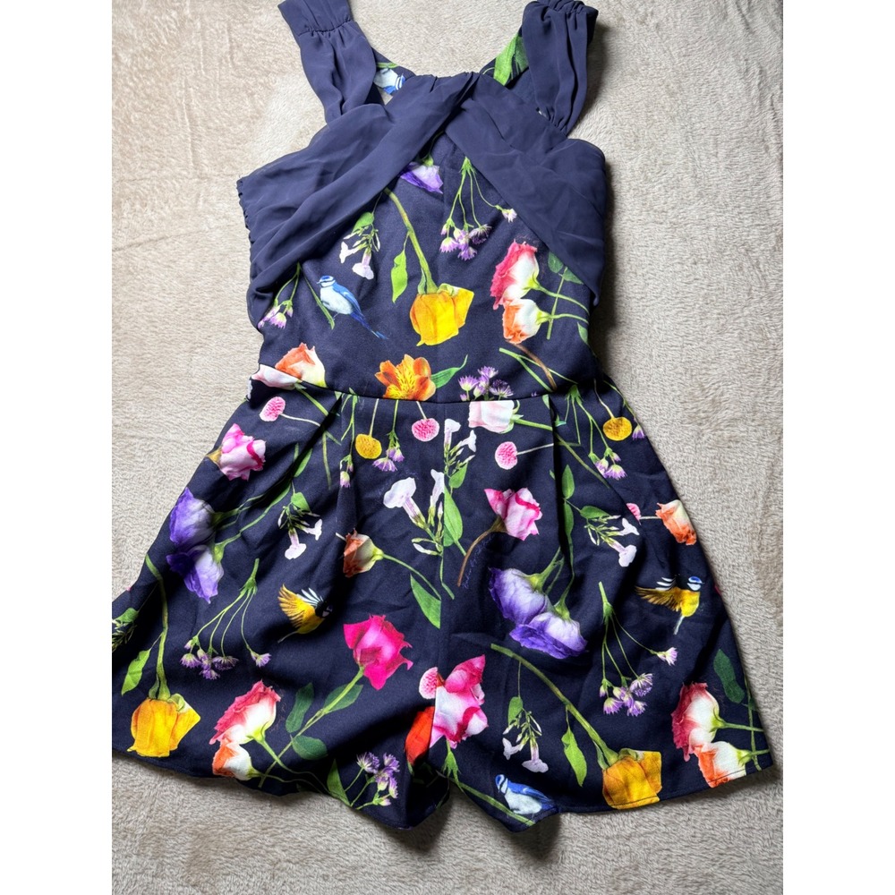 Baker‎ by Ted Baker Floral Bird Print Ruched Back Romper Navy Blue Womens Summer